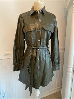 Zara Dark Green Faux Leather Belted Shirt Dress